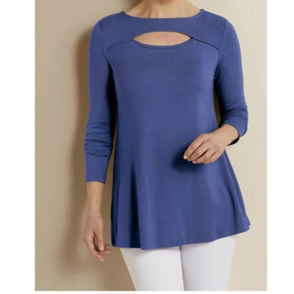 Soft Surroundings Womens 1X Top Beckett Tunic Blue Modal Coastal Beachy Cutout